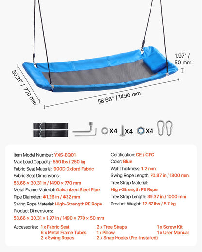 VEVOR Platform Tree Swing for Kids and Adults 700 lbs 60" Rectangle Blue, for Backyard Outdoor & Indoor, 900D Oxford Fabric Giant Seat with 2 Hanging Straps, Adjustable Ropes and Curved Edge Design - CSFDQQFXFDQQM7BCT001V0 - view 8