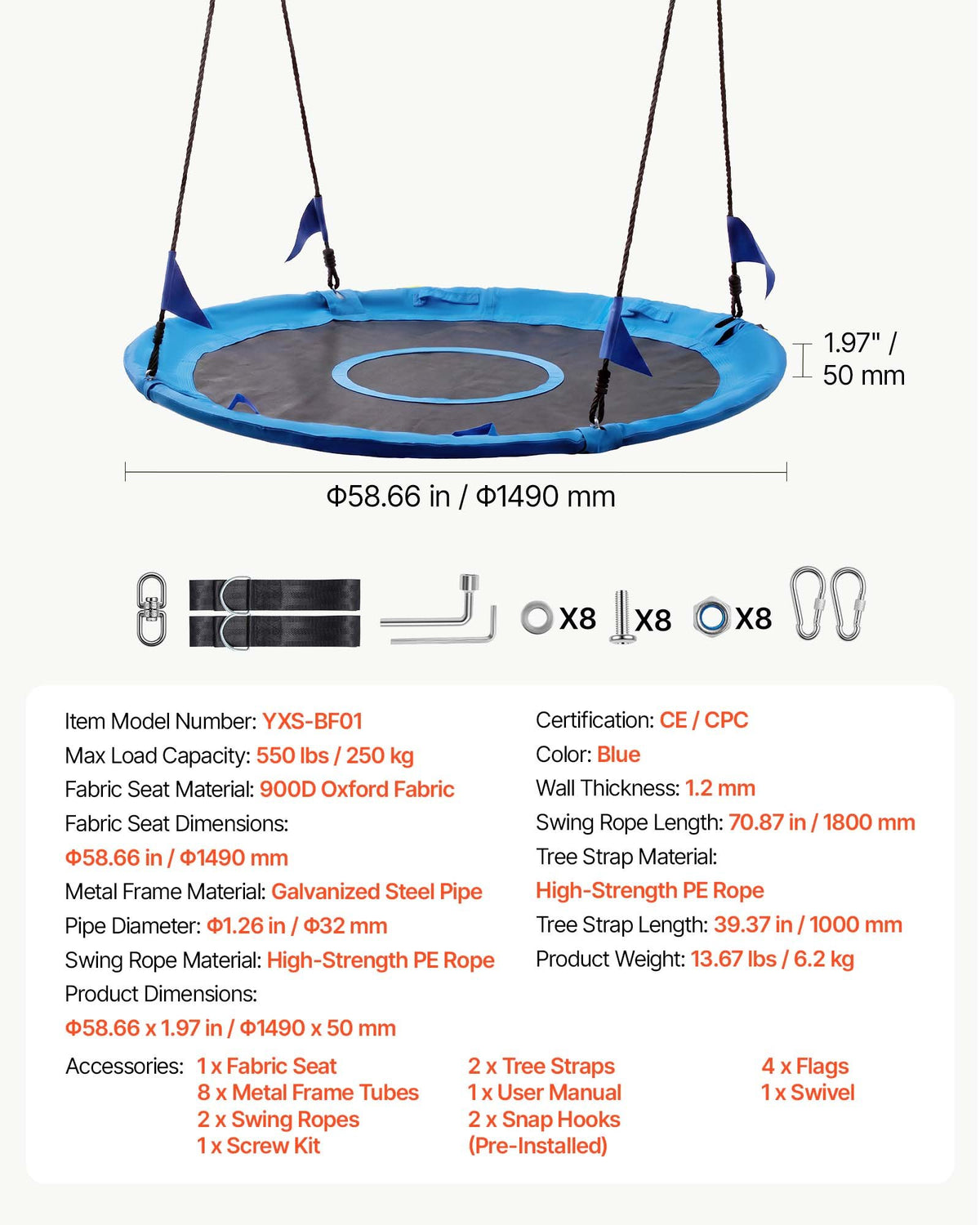 VEVOR Tree Swing 60" Saucer Swing for Kids & Adults 700 lbs Weight Capacity, for Backyard Outdoor & Indoor, 360° Rotation, 900D Oxford Fabric Round Seat with 2 Hanging Straps & Adjustable Ropes, Blue - CSFDQQYXFDQQC2NBS001V0 - view 8