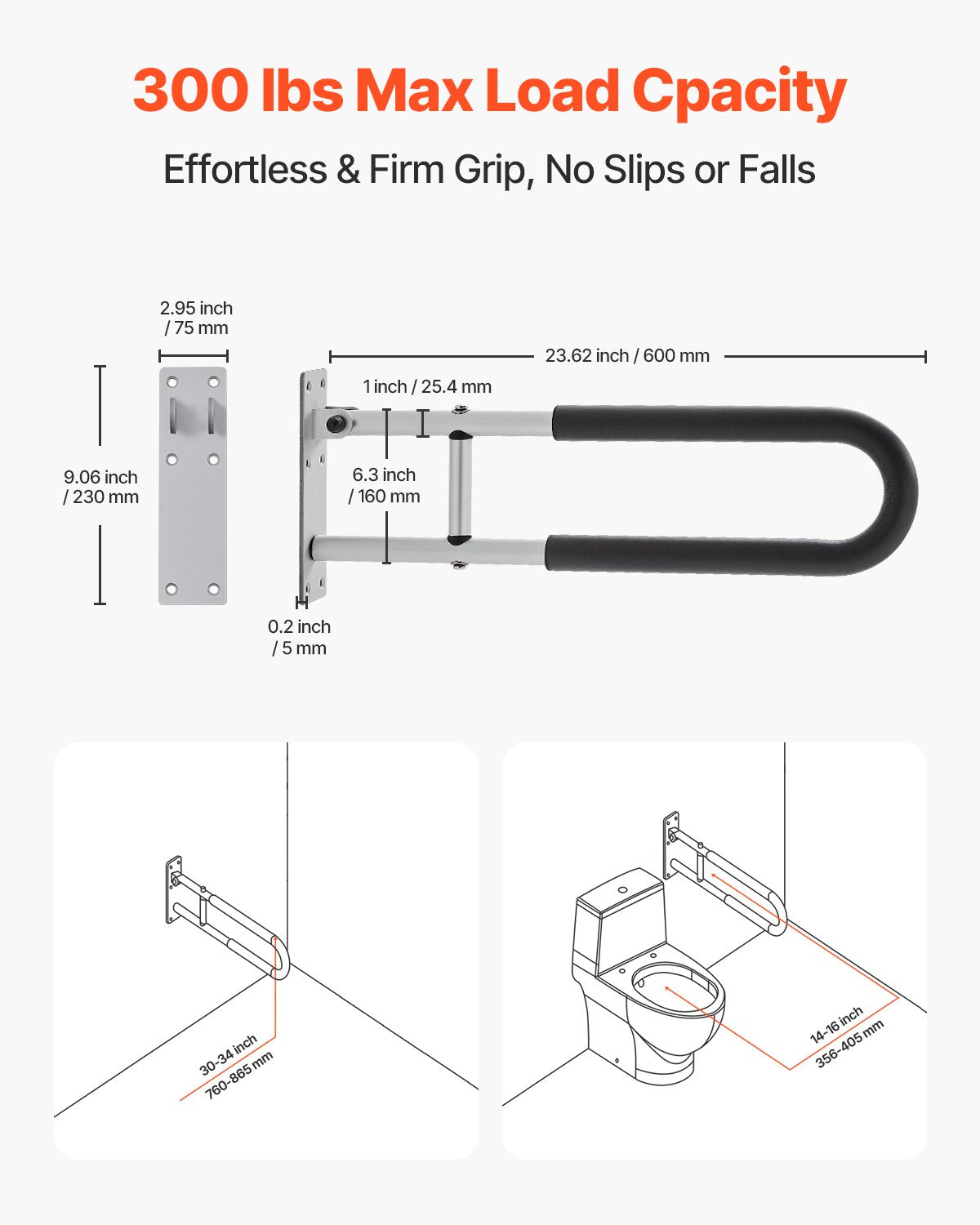 VEVOR Toilet Safety Rail, 23.8 Inch U-Shaped Handicap Grab Bar, Foldable Senior Safety Pole, Flip Up Toilet Grab Bar with Anti-Slip Support Handle, 300 Lb Load Capacity for Elderly, Disabled, Pregnant - CSFSWZTKFZ24OTR5FV0 - view 3