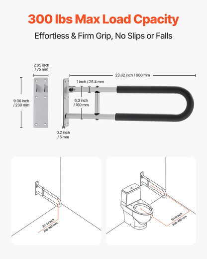 VEVOR Toilet Safety Rail, 23.8 Inch U-Shaped Handicap Grab Bar, Foldable Senior Safety Pole, Flip Up Toilet Grab Bar with Anti-Slip Support Handle, 300 Lb Load Capacity for Elderly, Disabled, Pregnant - CSFSWZTKFZ24OTR5FV0 - view 3
