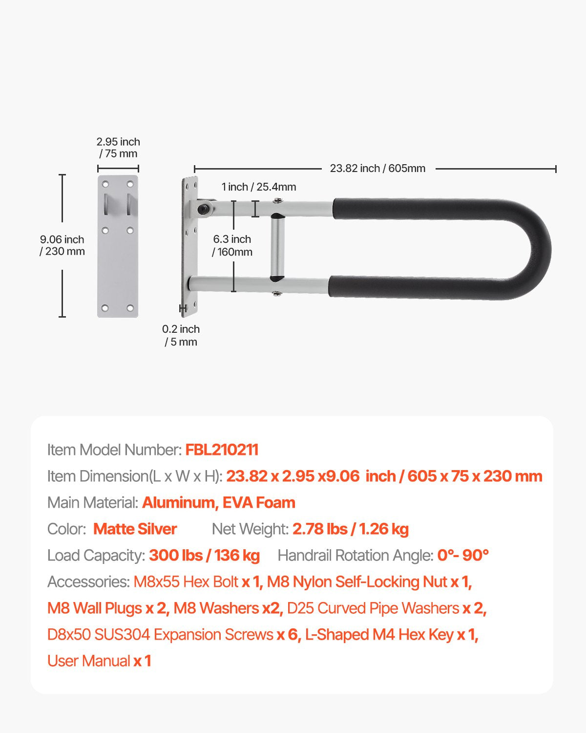 VEVOR Toilet Safety Rail, 23.8 Inch U-Shaped Handicap Grab Bar, Foldable Senior Safety Pole, Flip Up Toilet Grab Bar with Anti-Slip Support Handle, 300 Lb Load Capacity for Elderly, Disabled, Pregnant - CSFSWZTKFZ24OTR5FV0 - view 8