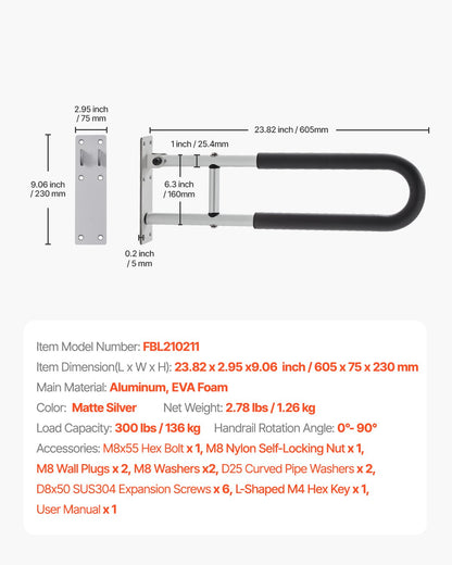 VEVOR Toilet Safety Rail, 23.8 Inch U-Shaped Handicap Grab Bar, Foldable Senior Safety Pole, Flip Up Toilet Grab Bar with Anti-Slip Support Handle, 300 Lb Load Capacity for Elderly, Disabled, Pregnant - CSFSWZTKFZ24OTR5FV0 - view 8