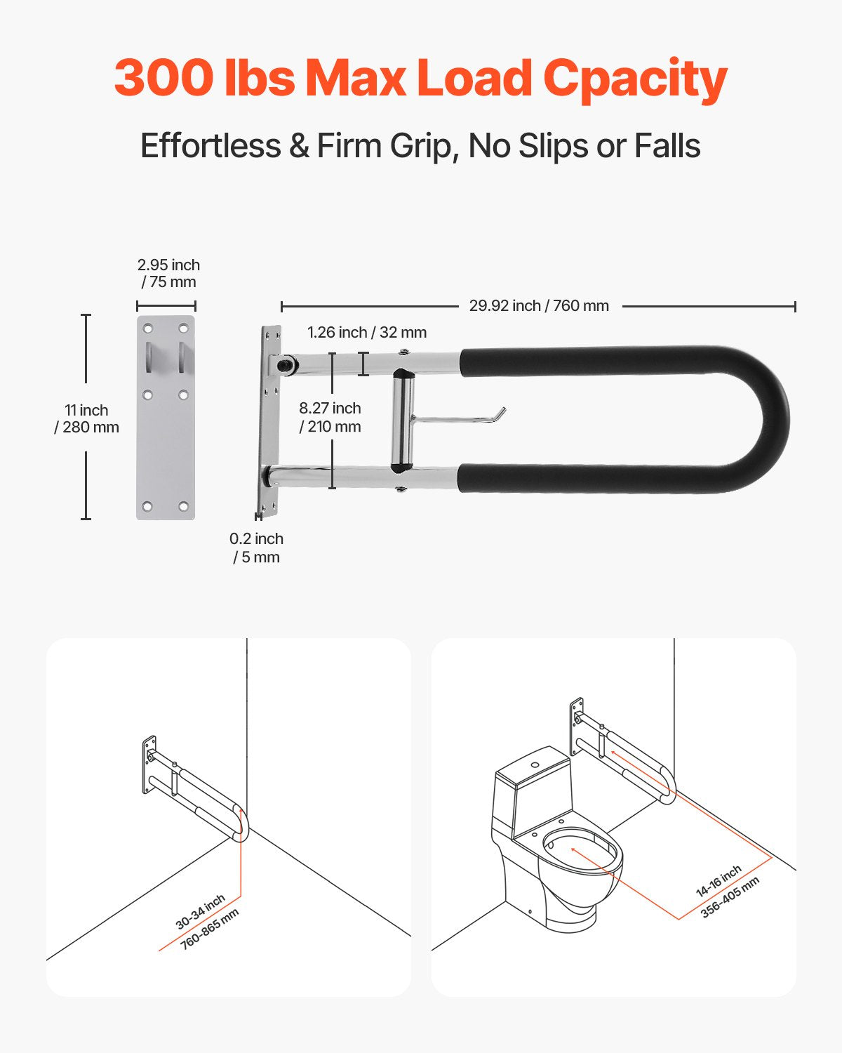 VEVOR Toilet Safety Rail, 30 Inch U-Shaped Handicap Grab Bar, Foldable Senior Safety Pole, Flip Up Toilet Grab Bars with Anti-Slip Handle, 300 Lbs Load Capacity Security Handrail with Paper Holder - CSFSWZTKFZ305ODGSV0 - view 3