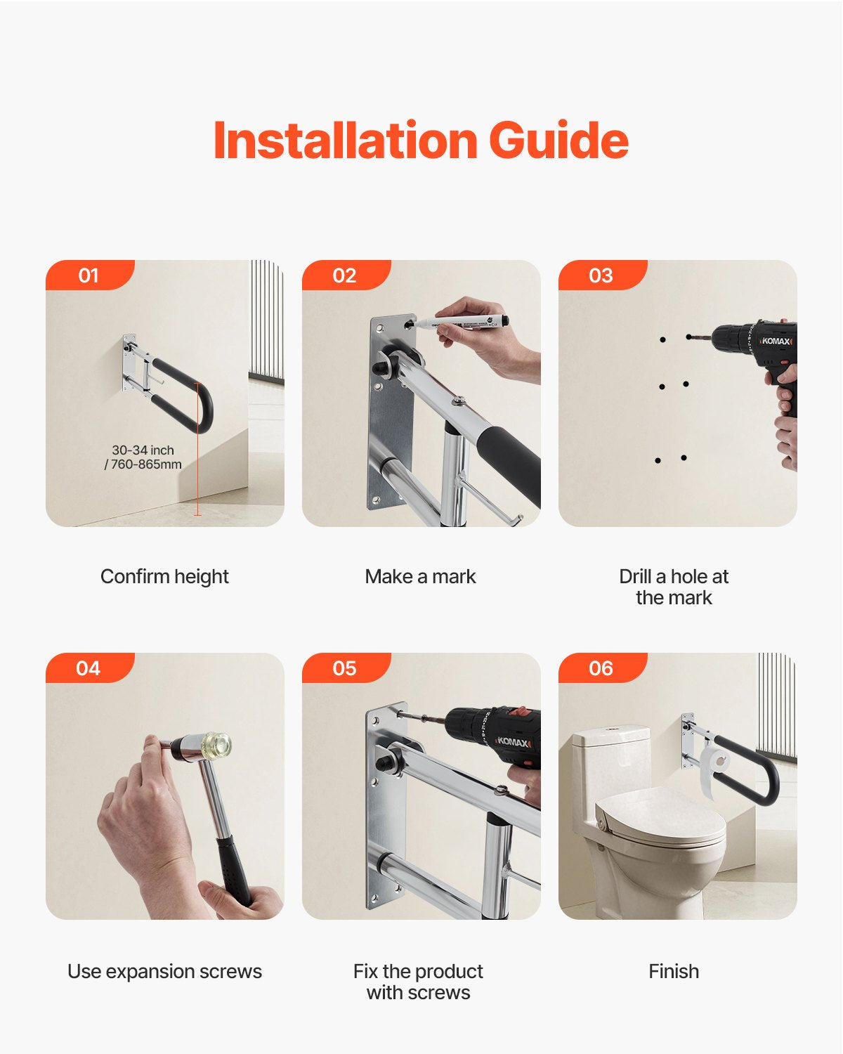 VEVOR Toilet Safety Rail, 30 Inch U-Shaped Handicap Grab Bar, Foldable Senior Safety Pole, Flip Up Toilet Grab Bars with Anti-Slip Handle, 300 Lbs Load Capacity Security Handrail with Paper Holder - CSFSWZTKFZ305ODGSV0 - view 5