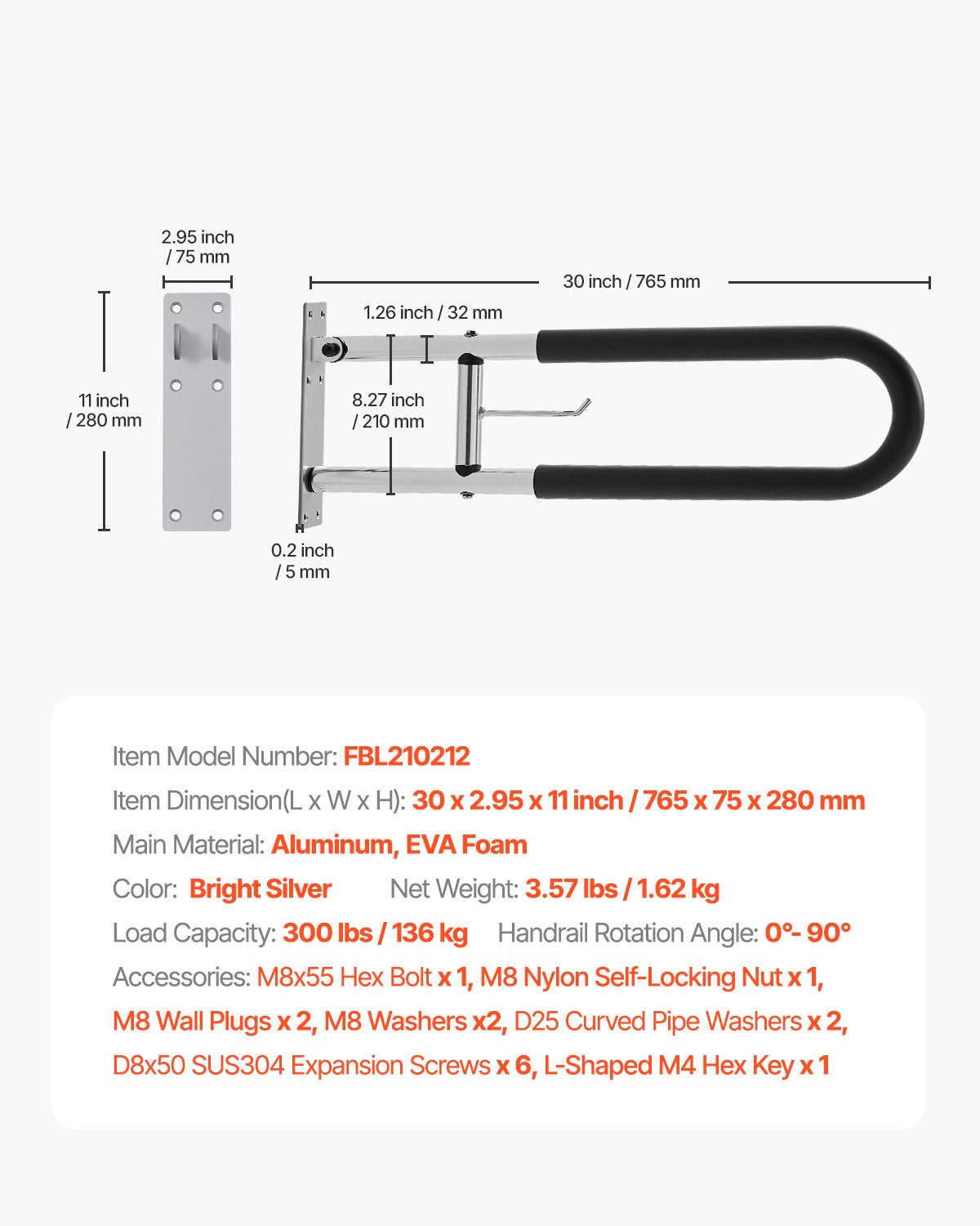 VEVOR Toilet Safety Rail, 30 Inch U-Shaped Handicap Grab Bar, Foldable Senior Safety Pole, Flip Up Toilet Grab Bars with Anti-Slip Handle, 300 Lbs Load Capacity Security Handrail with Paper Holder - CSFSWZTKFZ305ODGSV0 - view 8