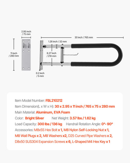 VEVOR Toilet Safety Rail, 30 Inch U-Shaped Handicap Grab Bar, Foldable Senior Safety Pole, Flip Up Toilet Grab Bars with Anti-Slip Handle, 300 Lbs Load Capacity Security Handrail with Paper Holder - CSFSWZTKFZ305ODGSV0 - view 8