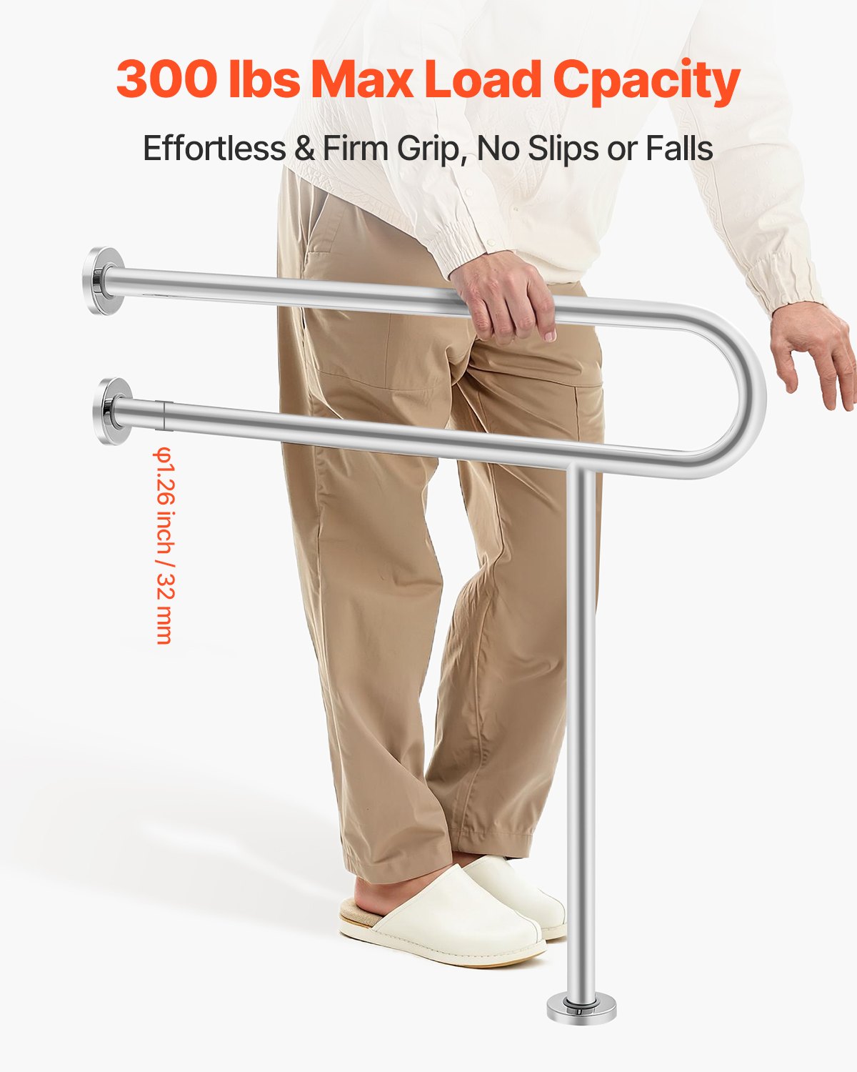 VEVOR Toilet Safety Rail, 31.5 Inch U-Shaped Handicap Grab Bar, 304 Stainless Steel Senior Safety Pole, Toilet Grab Bars with Anti-Slip Handle, 300 Lbs Load Capacity Security Handrail with Support Leg - CSFSYZTBKFZ3JJ2VOV0 - view 3