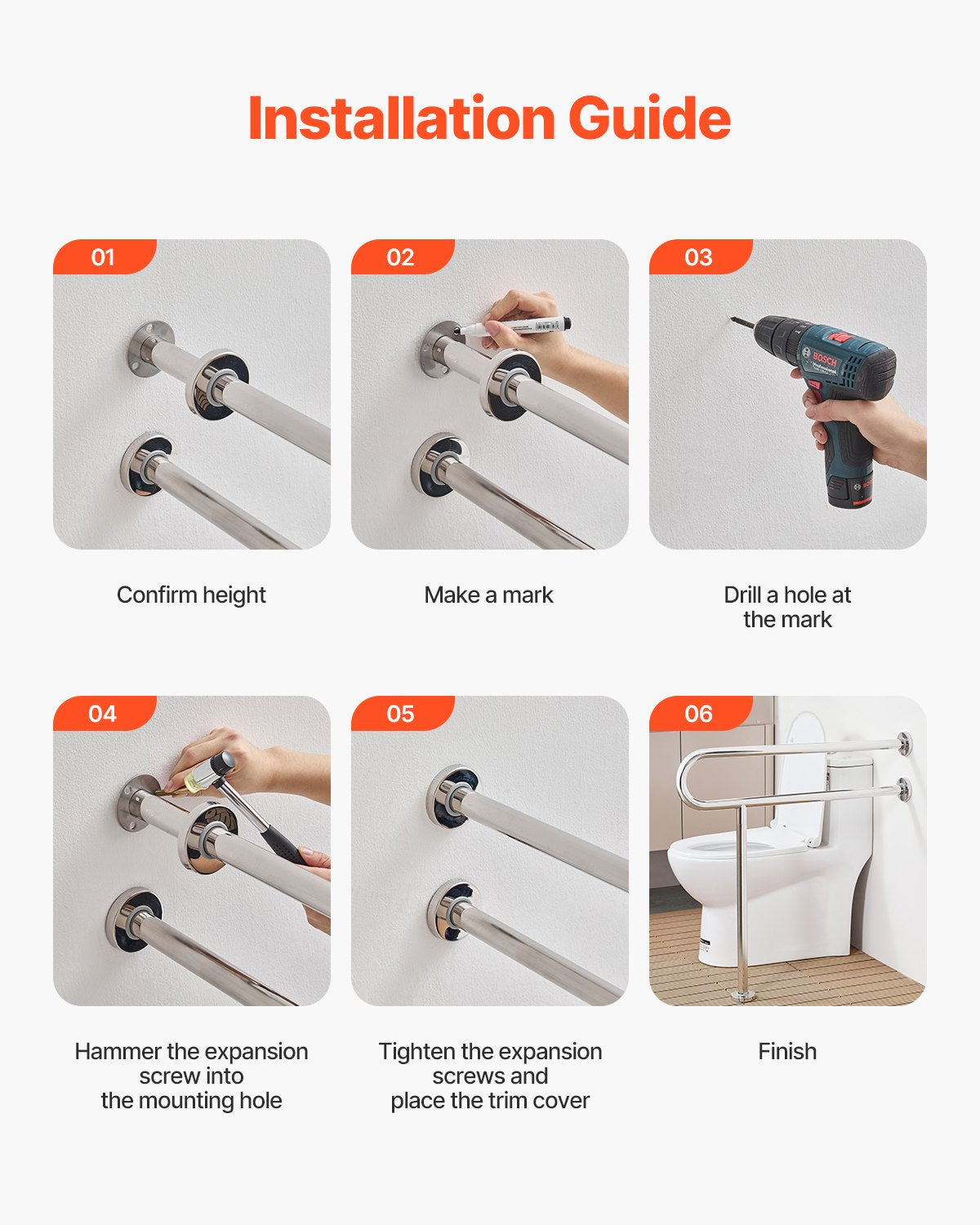 VEVOR Toilet Safety Rail, 31.5 Inch U-Shaped Handicap Grab Bar, 304 Stainless Steel Senior Safety Pole, Toilet Grab Bars with Anti-Slip Handle, 300 Lbs Load Capacity Security Handrail with Support Leg - CSFSYZTBKFZ3JJ2VOV0 - view 5