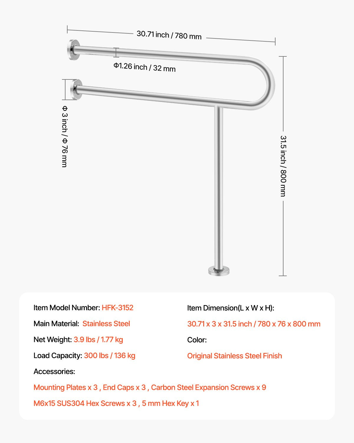 VEVOR Toilet Safety Rail, 31.5 Inch U-Shaped Handicap Grab Bar, 304 Stainless Steel Senior Safety Pole, Toilet Grab Bars with Anti-Slip Handle, 300 Lbs Load Capacity Security Handrail with Support Leg - CSFSYZTBKFZ3JJ2VOV0 - view 8