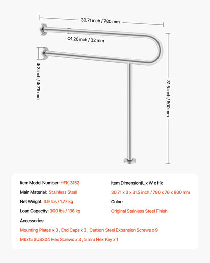 VEVOR Toilet Safety Rail, 31.5 Inch U-Shaped Handicap Grab Bar, 304 Stainless Steel Senior Safety Pole, Toilet Grab Bars with Anti-Slip Handle, 300 Lbs Load Capacity Security Handrail with Support Leg - CSFSYZTBKFZ3JJ2VOV0 - view 8