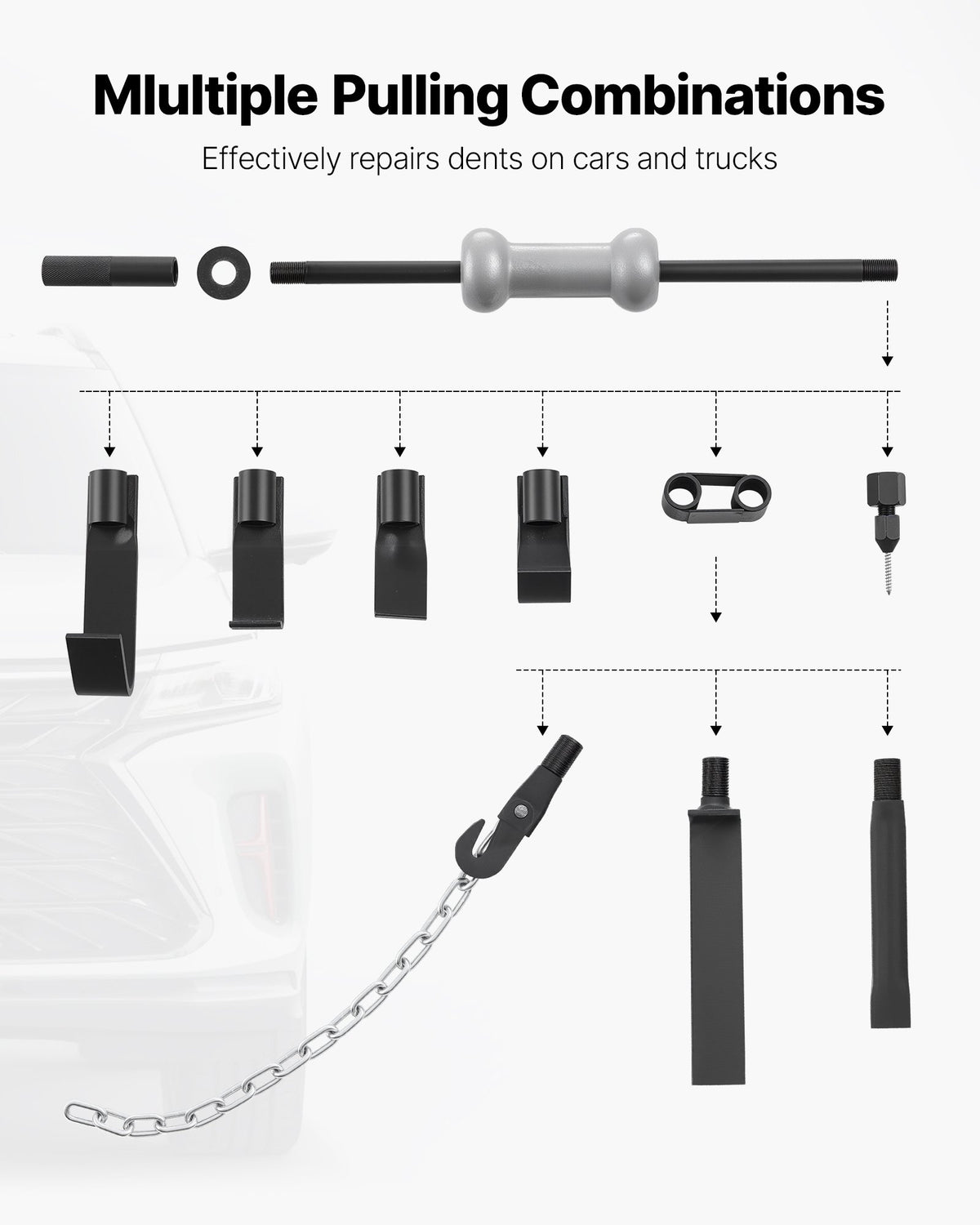 VEVOR Dent Puller Kit, 10 lbs 13-in-1 Slide Hammer Dent Removal Kit, Heavy-Duty Auto Body Truck Repair Automotive Damage Remover Tool Repair Frame with Carrying Case, Extension Rod, Non-Slip Handle - CSLBGJDJT13J21TPQ001V0 - view 4