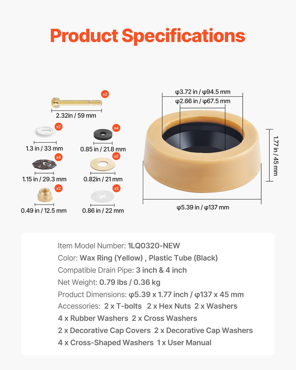 VEVOR Toilet Wax Ring Kit, 1.6-Inch Extra Thick Wax Ring for Toilet Bowls with Rust-Resistant Brass Bolts, Caps and Washers, Fits 3-Inch or 4-Inch Drain Pipes, Superior Sealing Performance - CSLH1JTYPJ00K94BQ001V0 - view 8