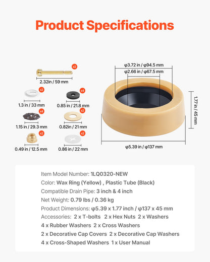 VEVOR Toilet Wax Ring Kit, 1.6-Inch Extra Thick Wax Ring for Toilet Bowls with Rust-Resistant Brass Bolts, Caps and Washers, Fits 3-Inch or 4-Inch Drain Pipes, Superior Sealing Performance - CSLH1JTYPJ00K94BQ001V0 - view 8
