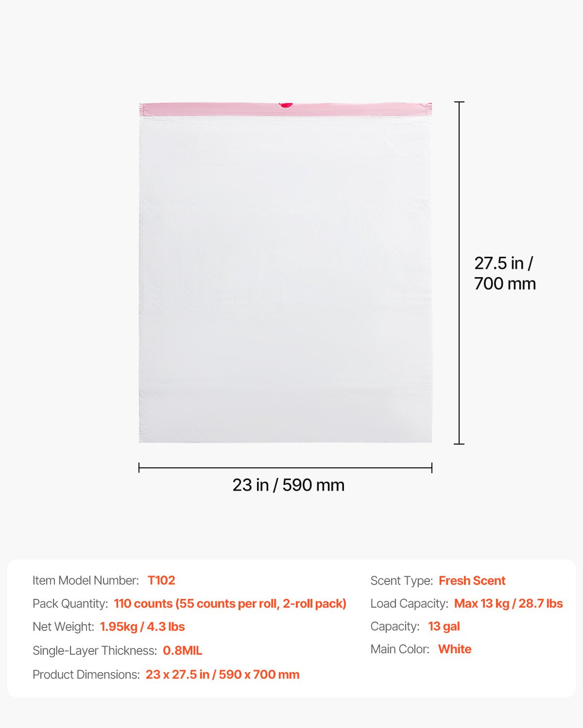 VEVOR Drawstring Trash Bags, 13 Gallon 110 Count Tall Kitchen Trash Bags, Extra Thick Fresh Scent Garbage Bag, Recyclable Bin Bag with Drawstrings, for Home Kitchen, Office, RV and Camping (White) - CSLJD13GALG1DW9XI001V0 - view 8