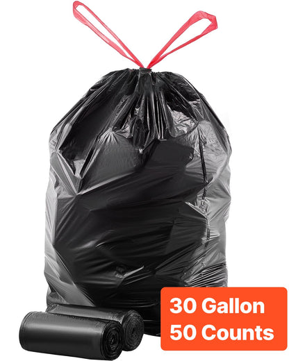 VEVOR Drawstring Trash Bags, 30 Gallon 50 Count Tall Kitchen Trash Bags, Extra Thick Tough and Durable Garbage Bag, Recyclable Bin Bag with Drawstrings, for Home Kitchen, Office, RV & Camping (Black) - CSLJD30GALG5OC10S001V0 - view 1