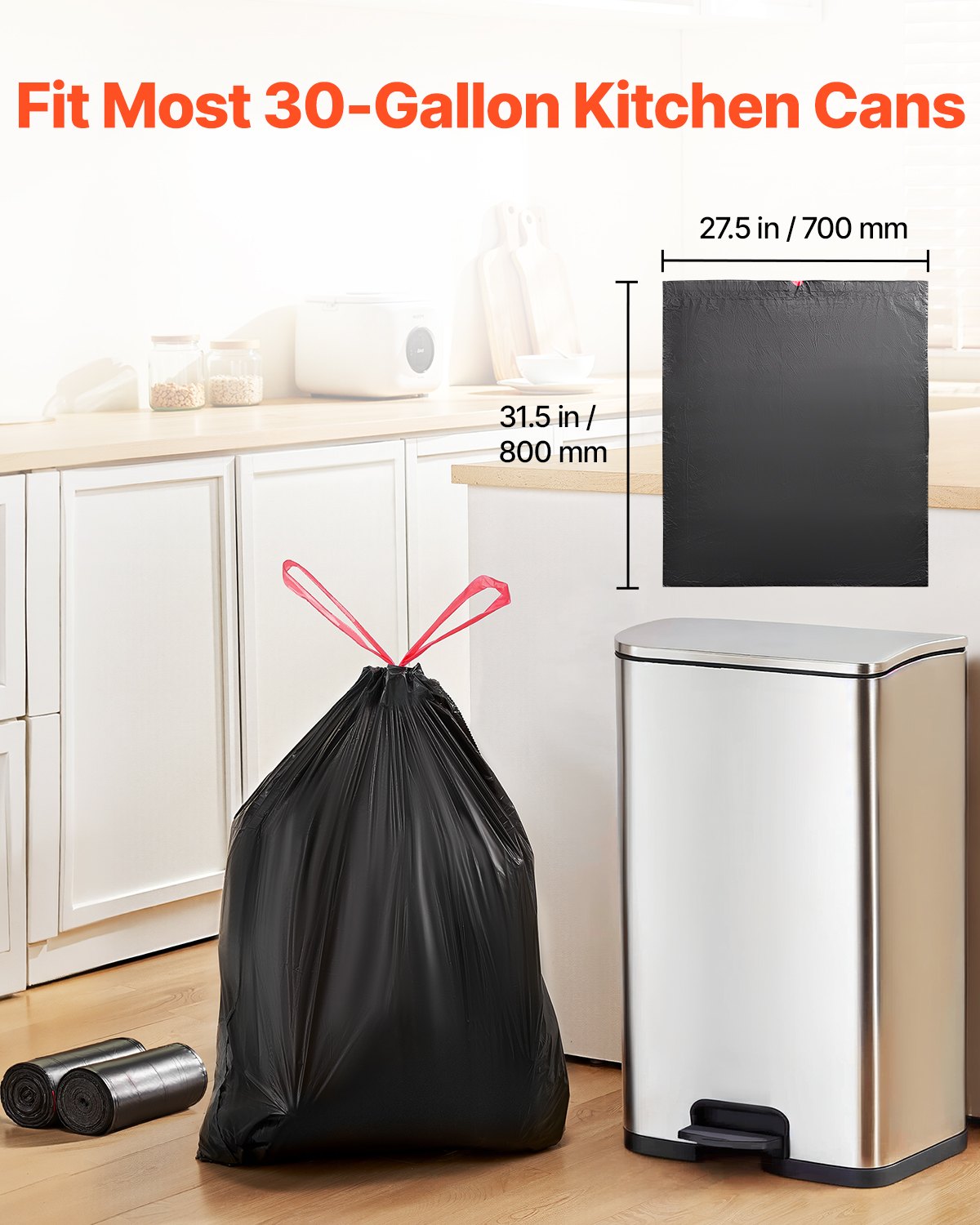 VEVOR Drawstring Trash Bags, 30 Gallon 50 Count Tall Kitchen Trash Bags, Extra Thick Tough and Durable Garbage Bag, Recyclable Bin Bag with Drawstrings, for Home Kitchen, Office, RV & Camping (Black) - CSLJD30GALG5OC10S001V0 - view 5