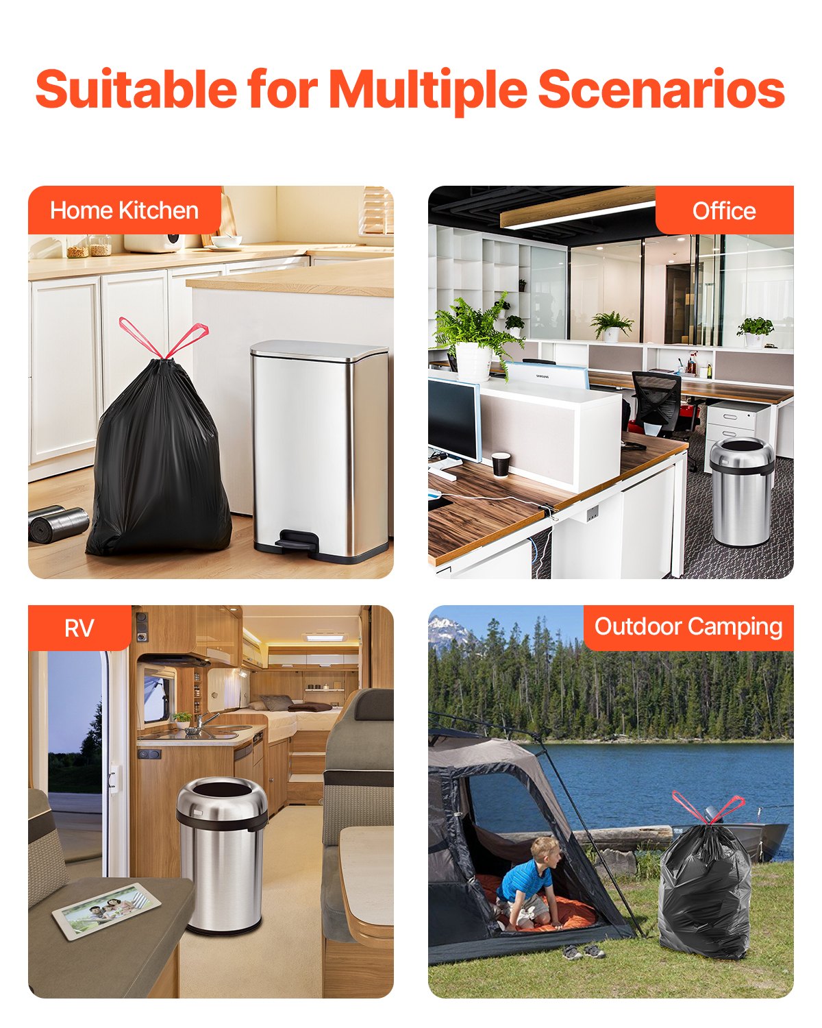 VEVOR Drawstring Trash Bags, 30 Gallon 50 Count Tall Kitchen Trash Bags, Extra Thick Tough and Durable Garbage Bag, Recyclable Bin Bag with Drawstrings, for Home Kitchen, Office, RV & Camping (Black) - CSLJD30GALG5OC10S001V0 - view 7
