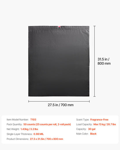 VEVOR Drawstring Trash Bags, 30 Gallon 50 Count Tall Kitchen Trash Bags, Extra Thick Tough and Durable Garbage Bag, Recyclable Bin Bag with Drawstrings, for Home Kitchen, Office, RV & Camping (Black) - CSLJD30GALG5OC10S001V0 - view 8