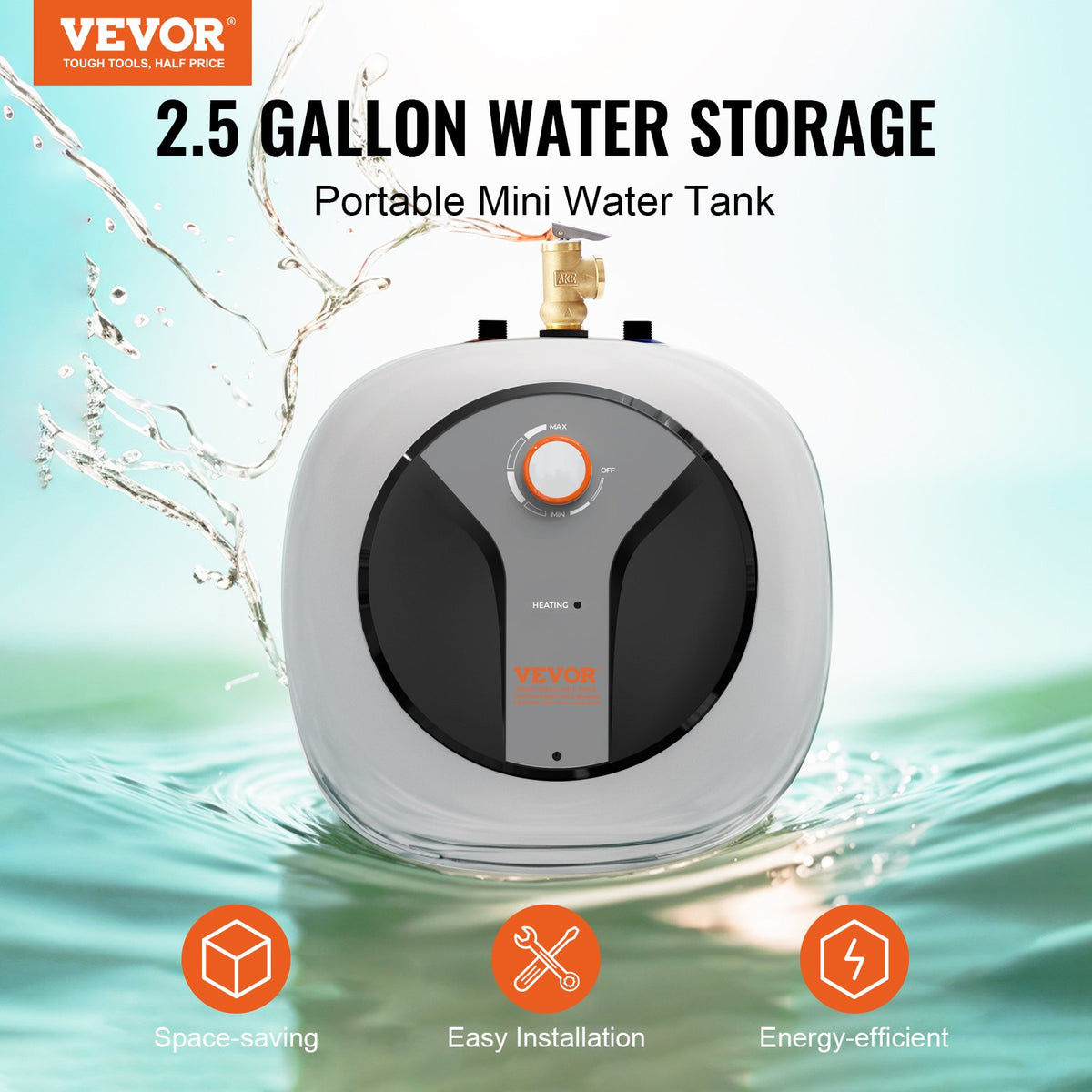 VEVOR Electric Mini-Tank Water Heater 2.5-Gallon Tank, 1440W Hot Water Boiler Storage, Safety Temperature Pressure Valve Easy Install, for Kichen Bathroom Restaurant, Shelf Wall Floor Mounted - CSSCB25GALYYRSO46V1 - view 3