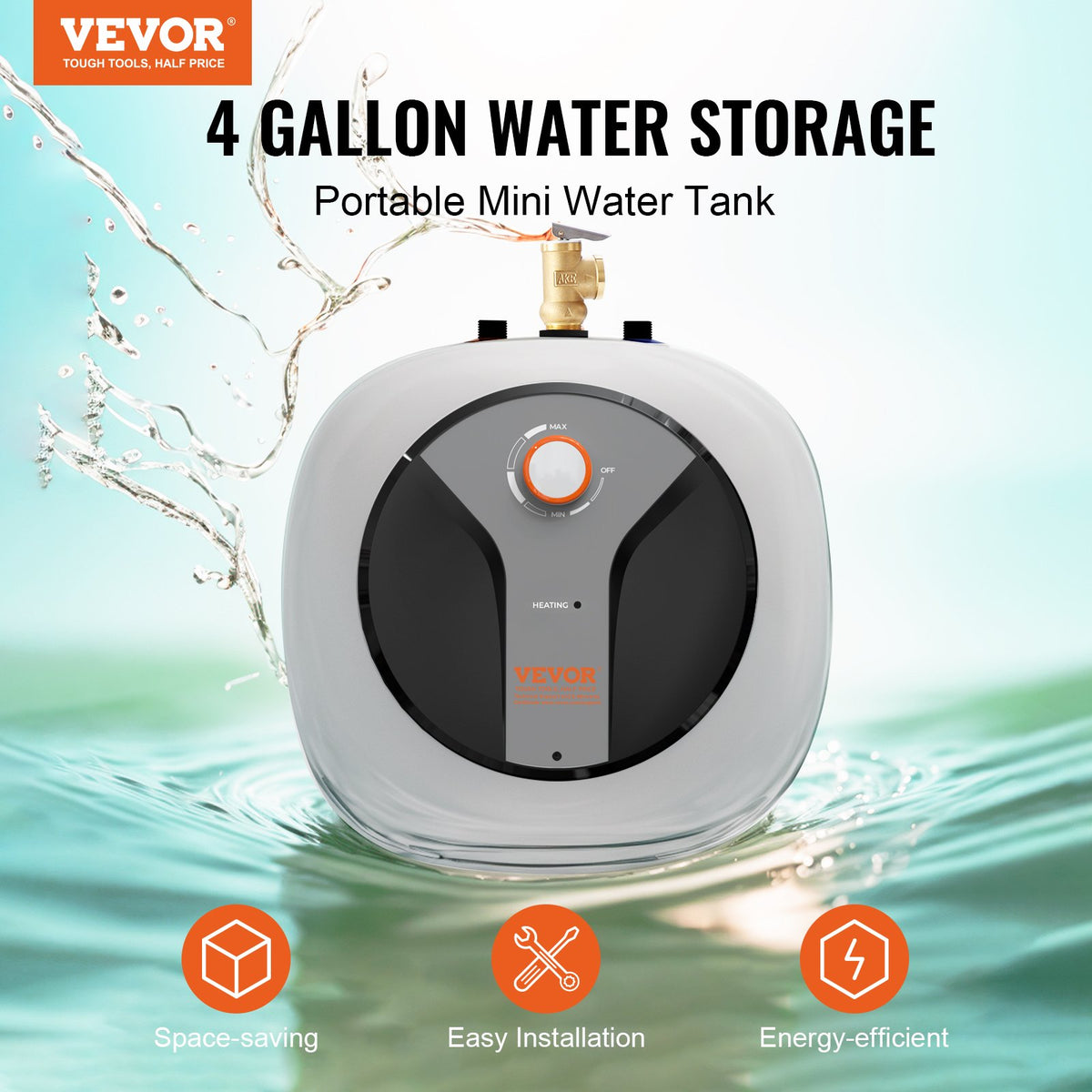 VEVOR Electric Mini-Tank Water Heater 4-Gallon Tank, 1440W Hot Water Boiler Storage, Safety Temperature Pressure Valve Easy Install, for Kichen Bathroom Restaurant, Shelf Wall Mounted - CSSCB4GALYYT0JNC4V1 - view 3