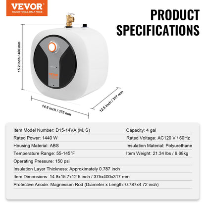 VEVOR Electric Mini-Tank Water Heater 4-Gallon Tank, 1440W Hot Water Boiler Storage, Safety Temperature Pressure Valve Easy Install, for Kichen Bathroom Restaurant, Shelf Wall Mounted - CSSCB4GALYYT0JNC4V1 - view 8