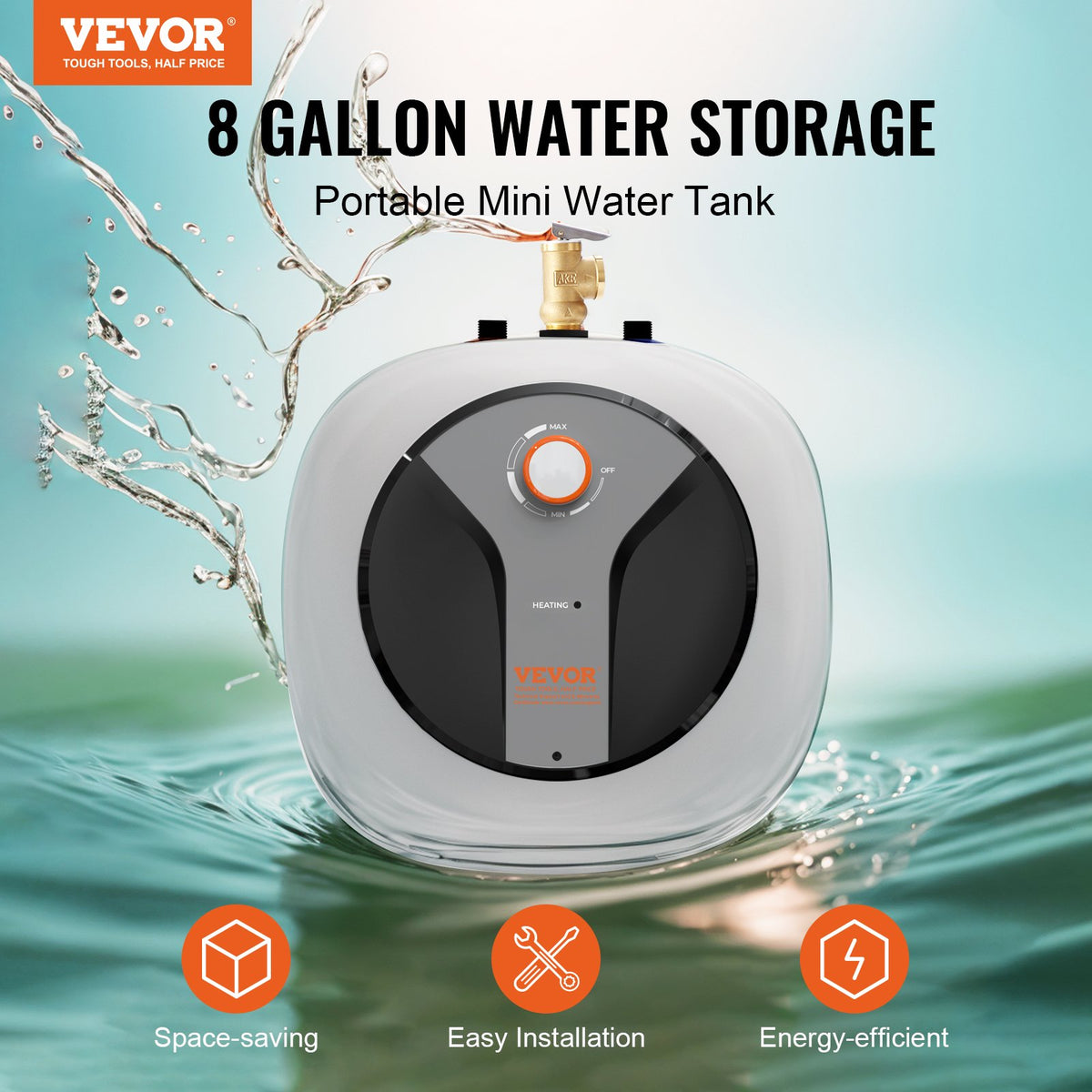 VEVOR Electric Mini-Tank Water Heater 8-Gallon Tank, 1440W Hot Water Boiler Storage, Safety Temperature Pressure Valve Easy Install, for Kichen Bathroom Restaurant, Shelf Wall Floor Mounted - CSSCB8GALYYT4WS9VV1 - view 3