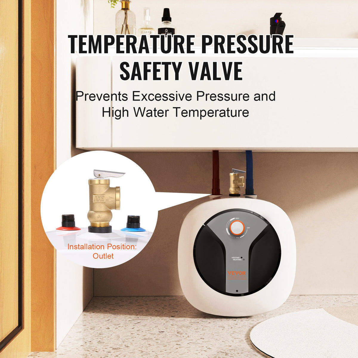 VEVOR Electric Mini-Tank Water Heater 8-Gallon Tank, 1440W Hot Water Boiler Storage, Safety Temperature Pressure Valve Easy Install, for Kichen Bathroom Restaurant, Shelf Wall Floor Mounted - CSSCB8GALYYT4WS9VV1 - view 5
