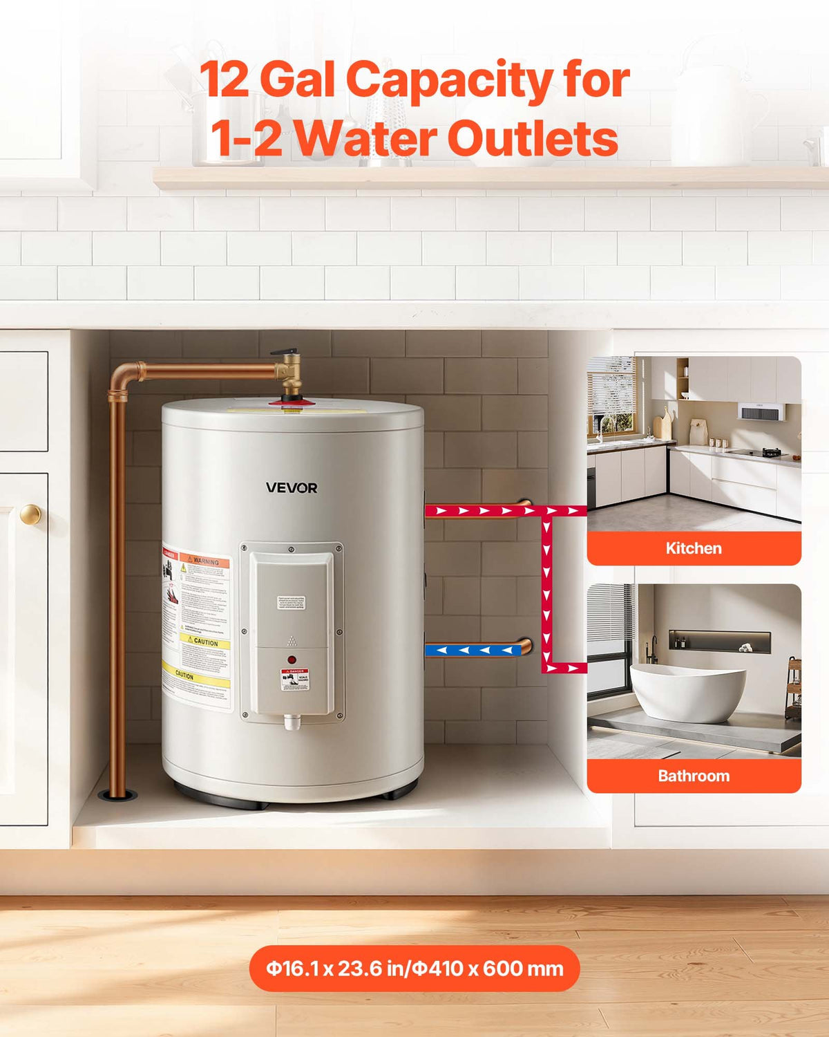 VEVOR 12 Gallon Electric Tank Water Heater, 1600W Point-of-Use Hot Water Heater with LED Display, Knob Control, Side Outlet, 120V Storage Design with T&P Valve for Small Apartments & Studios, Gray - CSSRSQ12GALX1Y9QX001V1 - view 3