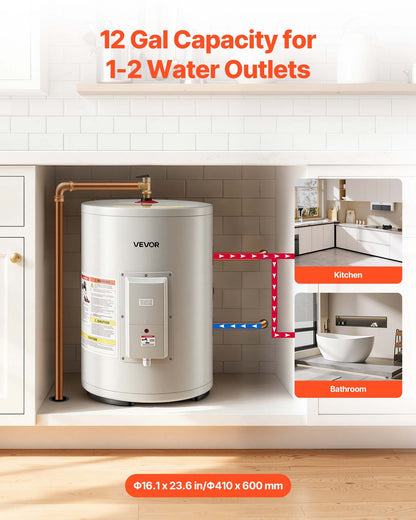 VEVOR 12 Gallon Electric Tank Water Heater, 1600W Point-of-Use Hot Water Heater with LED Display, Knob Control, Side Outlet, 120V Storage Design with T&P Valve for Small Apartments & Studios, Gray - CSSRSQ12GALX1Y9QX001V1 - view 3