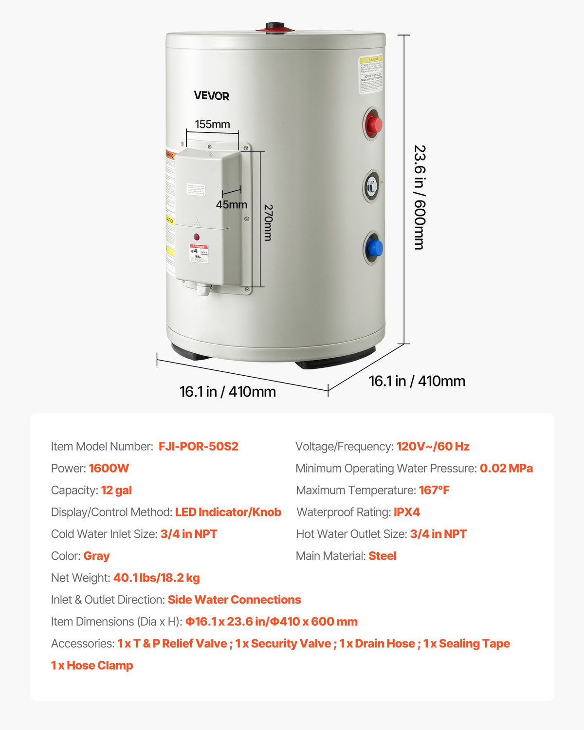 VEVOR 12 Gallon Electric Tank Water Heater, 1600W Point-of-Use Hot Water Heater with LED Display, Knob Control, Side Outlet, 120V Storage Design with T&P Valve for Small Apartments & Studios, Gray - CSSRSQ12GALX1Y9QX001V1 - view 8