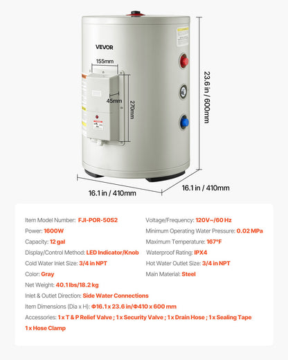 VEVOR 12 Gallon Electric Tank Water Heater, 1600W Point-of-Use Hot Water Heater with LED Display, Knob Control, Side Outlet, 120V Storage Design with T&P Valve for Small Apartments & Studios, Gray - CSSRSQ12GALX1Y9QX001V1 - view 8