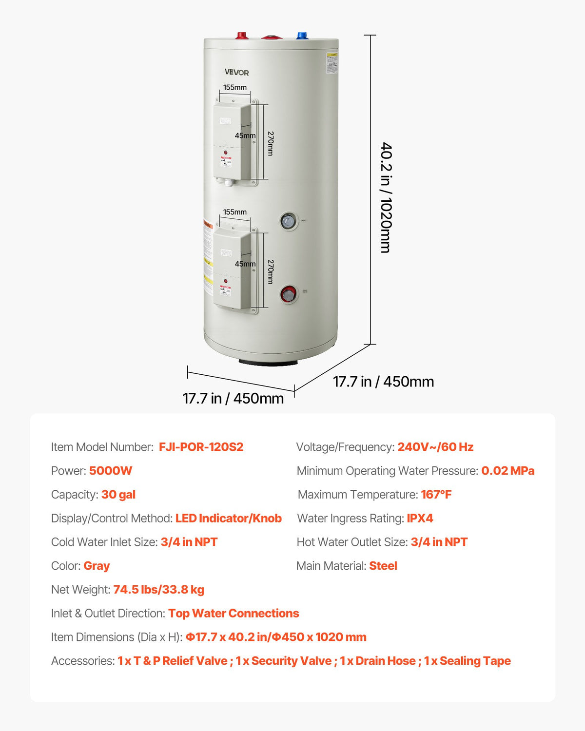 VEVOR 30 Gallon Electric Tank Water Heater, 5000W Point-of-Use Hot Water Heater with LED Display, Knob Control, Top Outlet, 240V with T&P Valve for Large Families, Small Commercial Spaces, Gray - CSSRSQ30GALX5CNFK001V4 - view 8