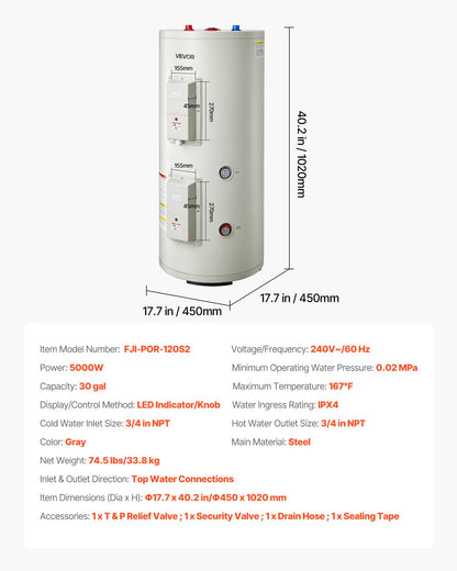 VEVOR 30 Gallon Electric Tank Water Heater, 5000W Point-of-Use Hot Water Heater with LED Display, Knob Control, Top Outlet, 240V with T&P Valve for Large Families, Small Commercial Spaces, Gray - CSSRSQ30GALX5CNFK001V4 - view 8
