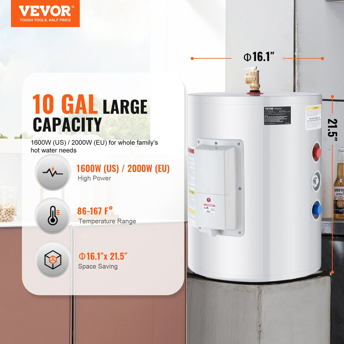 VEVOR Electric Water Heater, 10 Gallon Tank Instant Hot Water Heater, 1.6Kw Tankless Water Heater w/ LED Display,Knob Control, IPX4 Waterproof Side Connection On Demand Heaters for Shower, Bath - CSSRSQ40LXNLTWC46V1 - view 3