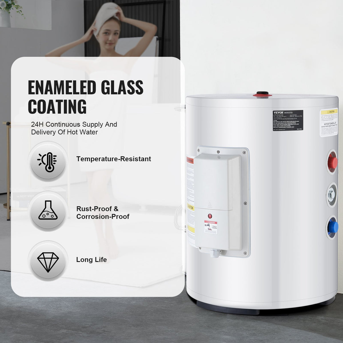 VEVOR Electric Water Heater, 10 Gallon Tank Instant Hot Water Heater, 1.6Kw Tankless Water Heater w/ LED Display,Knob Control, IPX4 Waterproof Side Connection On Demand Heaters for Shower, Bath - CSSRSQ40LXNLTWC46V1 - view 5