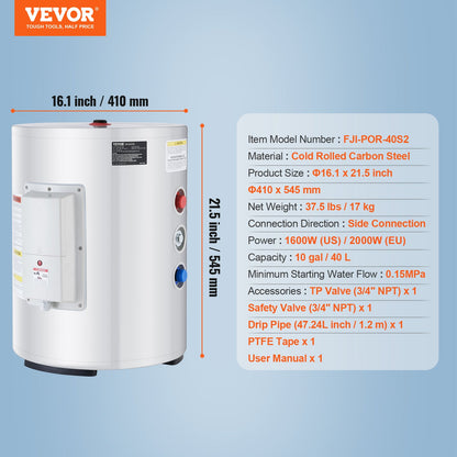 VEVOR Electric Water Heater, 10 Gallon Tank Instant Hot Water Heater, 1.6Kw Tankless Water Heater w/ LED Display,Knob Control, IPX4 Waterproof Side Connection On Demand Heaters for Shower, Bath - CSSRSQ40LXNLTWC46V1 - view 8