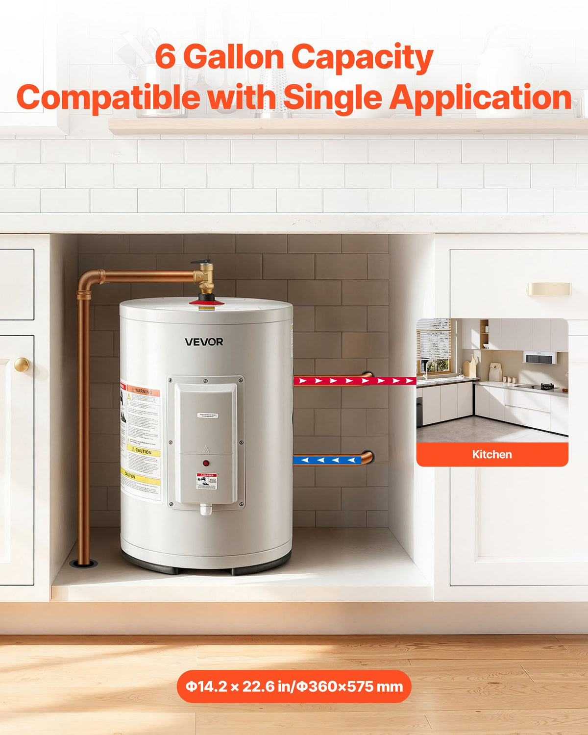 VEVOR 6 Gallon Electric Tank Water Heater, 1600W Point-of-Use Hot Water Heater with LED Display, Knob Control, Top Outlet, 120V Storage Design with T&P Valve for Studio Apartments, RVs, Gray - CSSRSQ6GALXNCPNH8001V1 - view 3