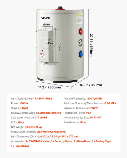 VEVOR 6 Gallon Electric Tank Water Heater, 1600W Point-of-Use Hot Water Heater with LED Display, Knob Control, Top Outlet, 120V Storage Design with T&P Valve for Studio Apartments, RVs, Gray - CSSRSQ6GALXNCPNH8001V1 - view 8