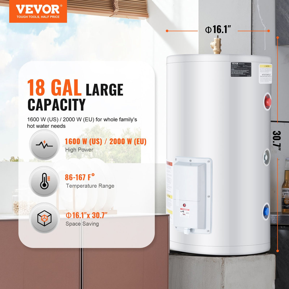 VEVOR Electric Water Heater, 18 Gallon Tank Instant Hot Water Heater, 1.6Kw Tankless Water Heater w/ LED Display,Knob Control, IPX4 Waterproof Side Connection On Demand Heaters for Shower, Bath - CSSRSQ70LXNL6OAABV1 - view 3