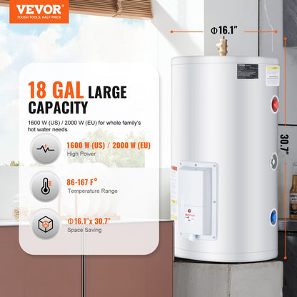 VEVOR Electric Water Heater, 18 Gallon Tank Instant Hot Water Heater, 1.6Kw Tankless Water Heater w/ LED Display,Knob Control, IPX4 Waterproof Side Connection On Demand Heaters for Shower, Bath - CSSRSQ70LXNL6OAABV1 - view 3