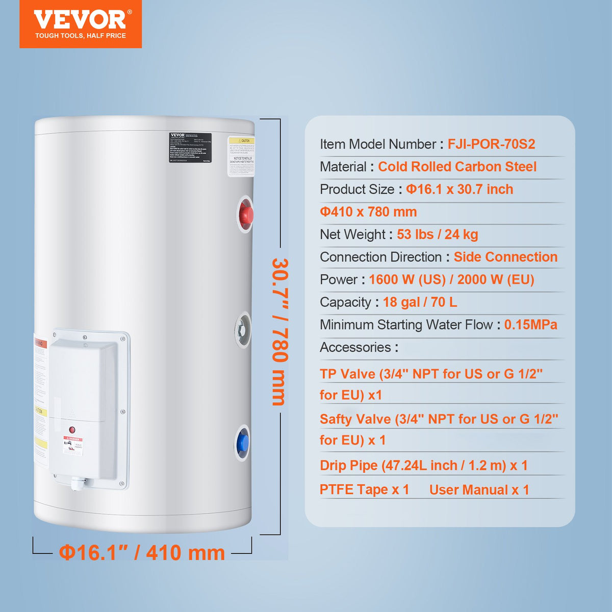 VEVOR Electric Water Heater, 18 Gallon Tank Instant Hot Water Heater, 1.6Kw Tankless Water Heater w/ LED Display,Knob Control, IPX4 Waterproof Side Connection On Demand Heaters for Shower, Bath - CSSRSQ70LXNL6OAABV1 - view 8