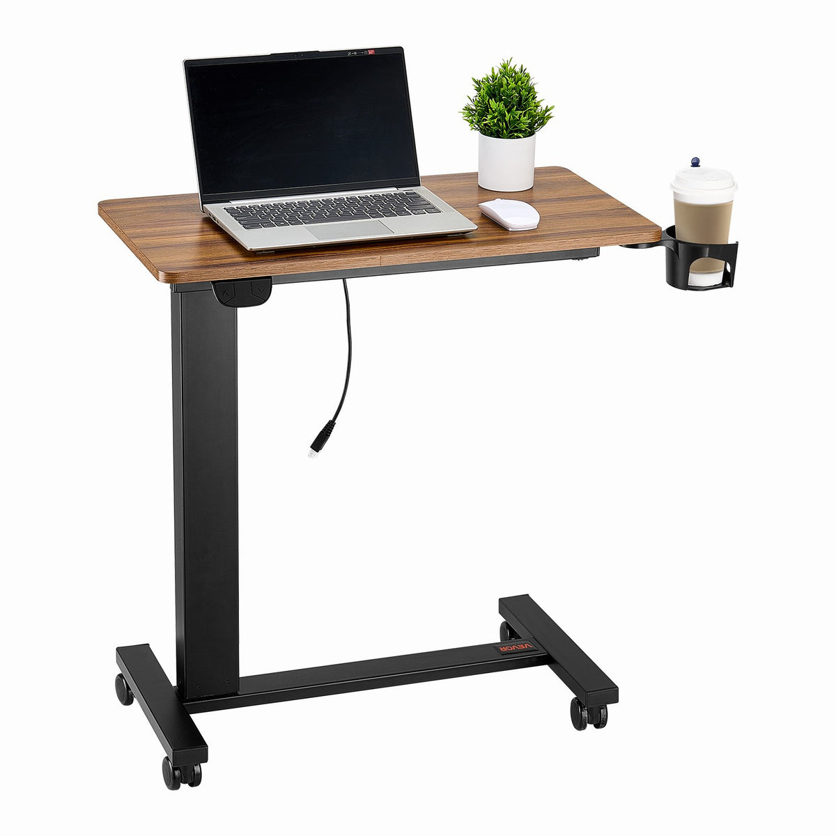 VEVOR Overbed Table, Mobile Bed Side Table with 4 Wheels, Electric Lifting with Upgrade Button, Rolling Laptop Desk with Cup Holder, Height Adjustable Overbed Desk for Home, Office, Study, Wood+Black - CSZDDWXLGXDZHDZDC001V1 - view 1