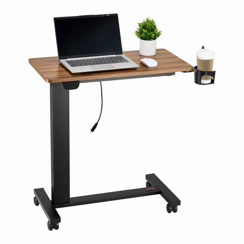 VEVOR Overbed Table, Mobile Bed Side Table with 4 Wheels, Electric Lifting with Upgrade Button, Rolling Laptop Desk with Cup Holder, Height Adjustable Overbed Desk for Home, Office, Study, Wood+Black - CSZDDWXLGXDZHDZDC001V1 - view 2