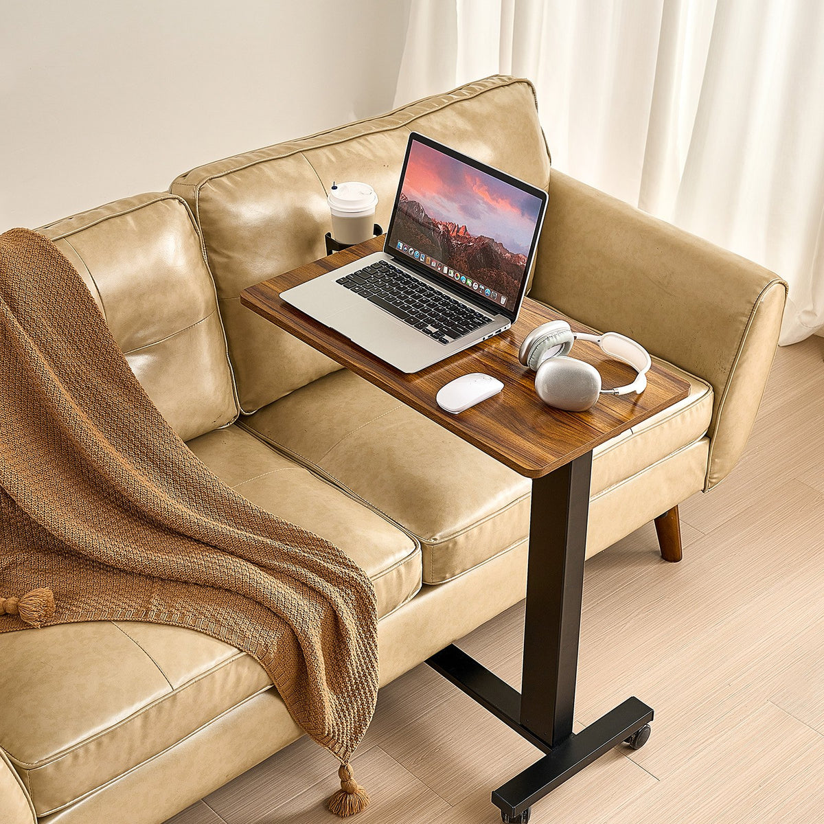 VEVOR Overbed Table, Mobile Bed Side Table with 4 Wheels, Electric Lifting with Upgrade Button, Rolling Laptop Desk with Cup Holder, Height Adjustable Overbed Desk for Home, Office, Study, Wood+Black - CSZDDWXLGXDZHDZDC001V1 - view 9