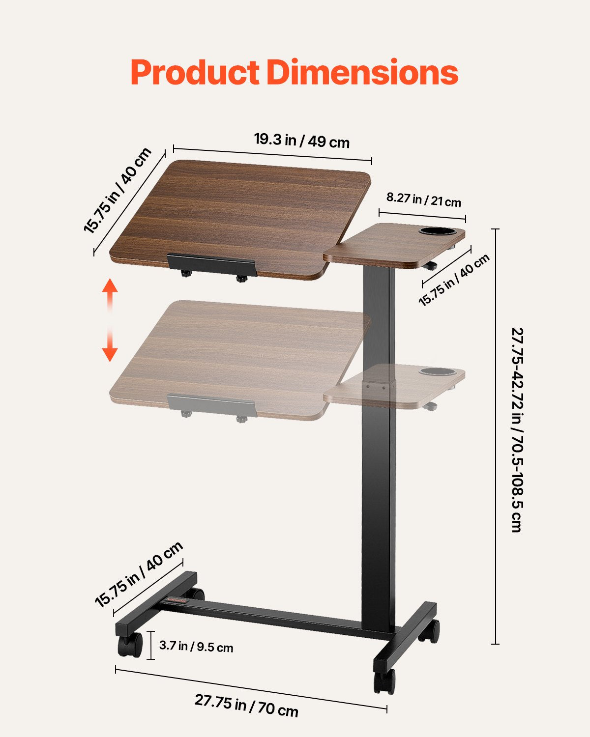 VEVOR Overbed Table, Mobile Bed Side Table with Flip Desktop and 4 Wheels, Height & Angle Adjustable Rolling Laptop Desk with Cup Holder, Portable Over Bed Desk for Home, Office, Study, Wood + Black - CSZGXDZZCSFZ02J8I001V0 - view 4