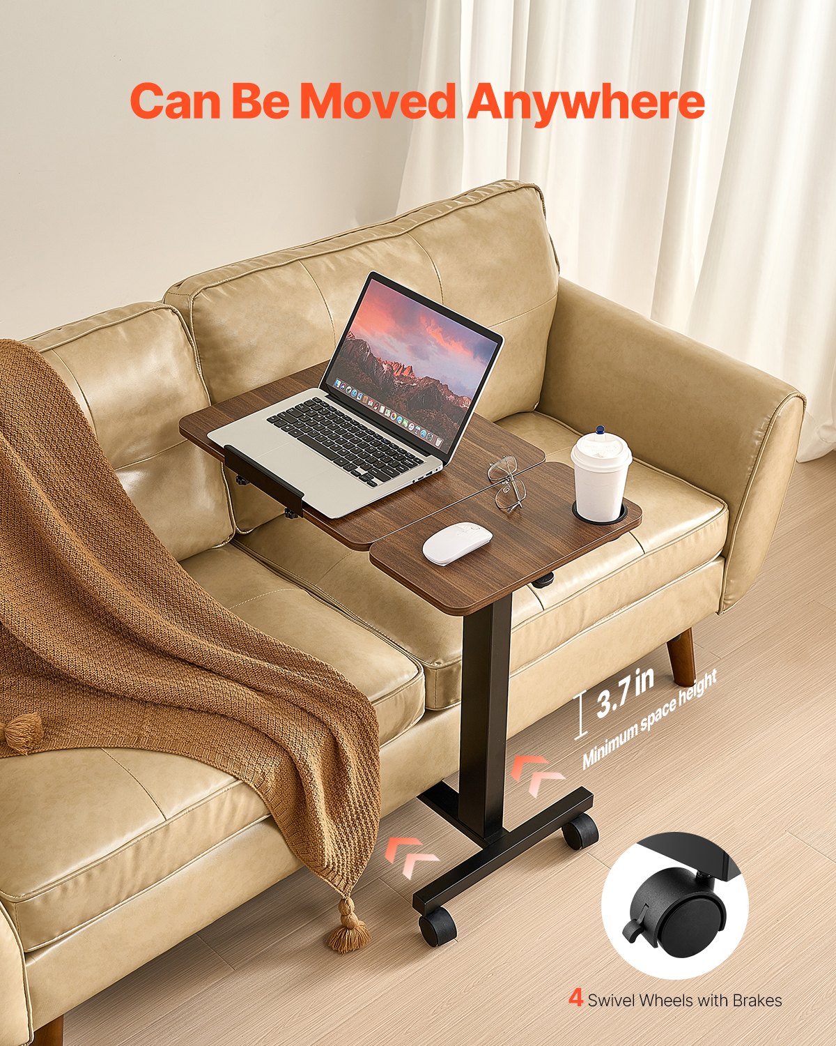 VEVOR Overbed Table, Mobile Bed Side Table with Flip Desktop and 4 Wheels, Height & Angle Adjustable Rolling Laptop Desk with Cup Holder, Portable Over Bed Desk for Home, Office, Study, Wood + Black - CSZGXDZZCSFZ02J8I001V0 - view 6