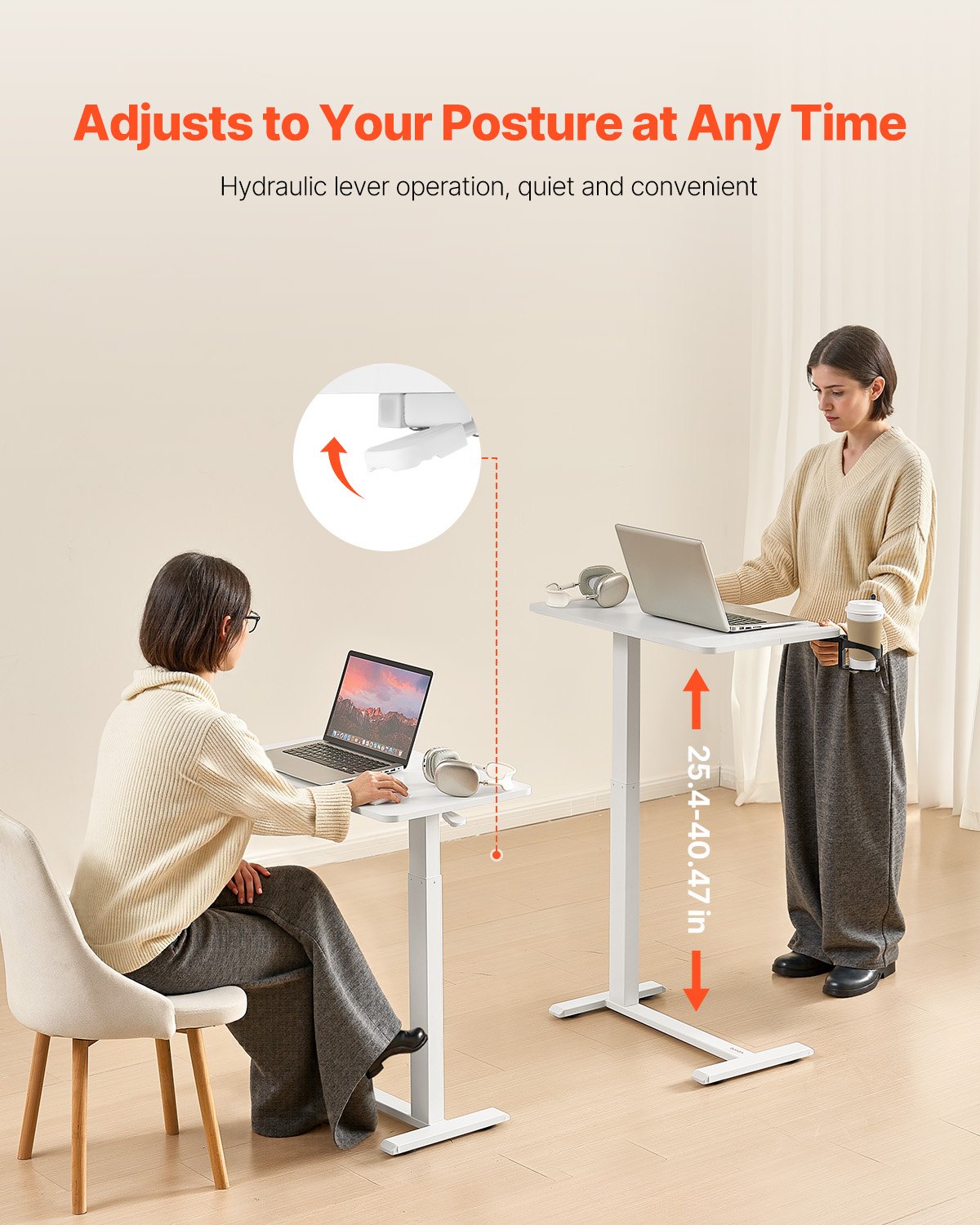 VEVOR Overbed Table, Mobile Bed Side Table with 4 Hidden Wheels, Height Adjustable Rolling Laptop Desk with Cup Holder, Portable Particleboard Over Bed Desk for Home, Office, Study, White - CSZGXDZZCSPBL8D3V001V0 - view 3