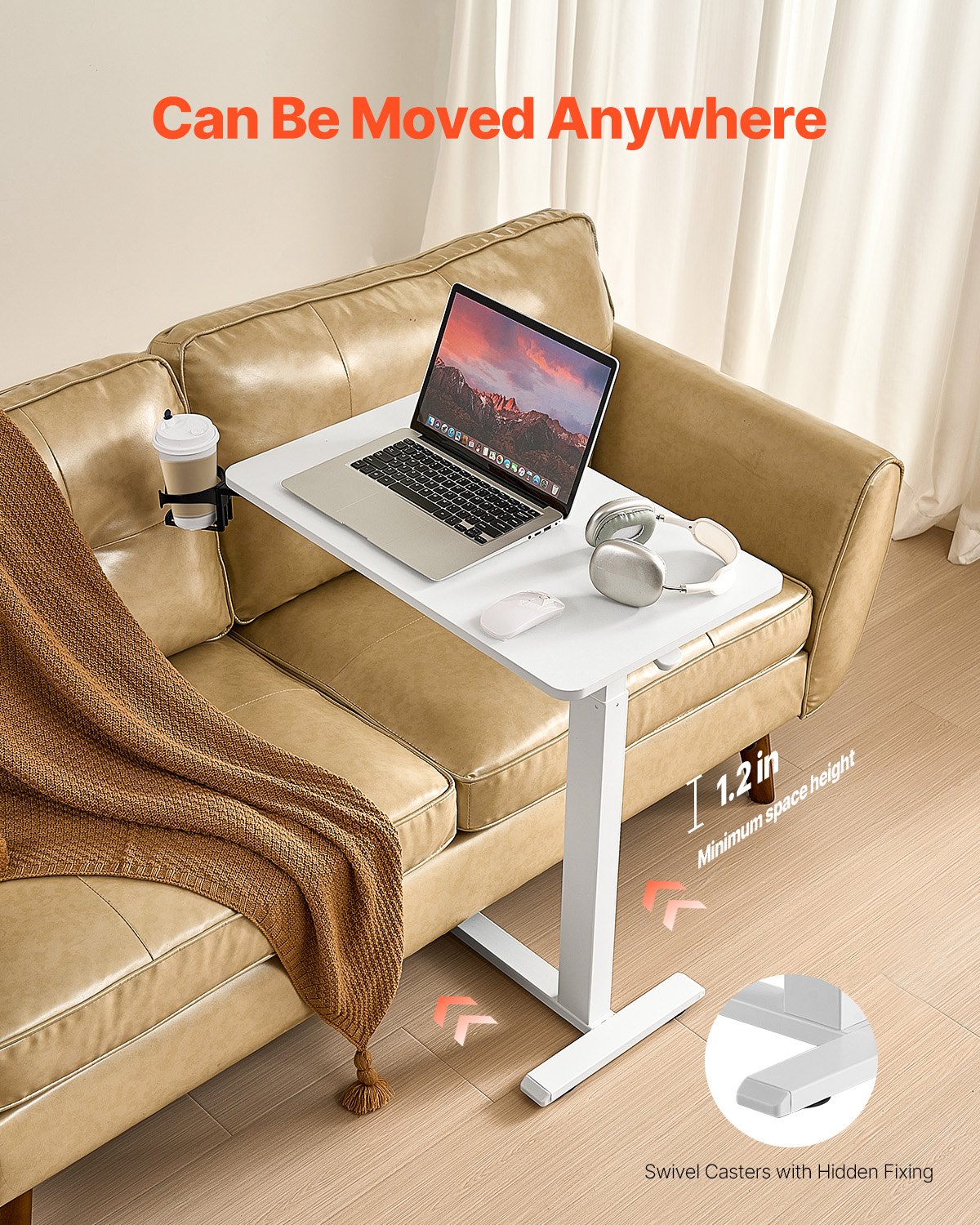 VEVOR Overbed Table, Mobile Bed Side Table with 4 Hidden Wheels, Height Adjustable Rolling Laptop Desk with Cup Holder, Portable Particleboard Over Bed Desk for Home, Office, Study, White - CSZGXDZZCSPBL8D3V001V0 - view 6