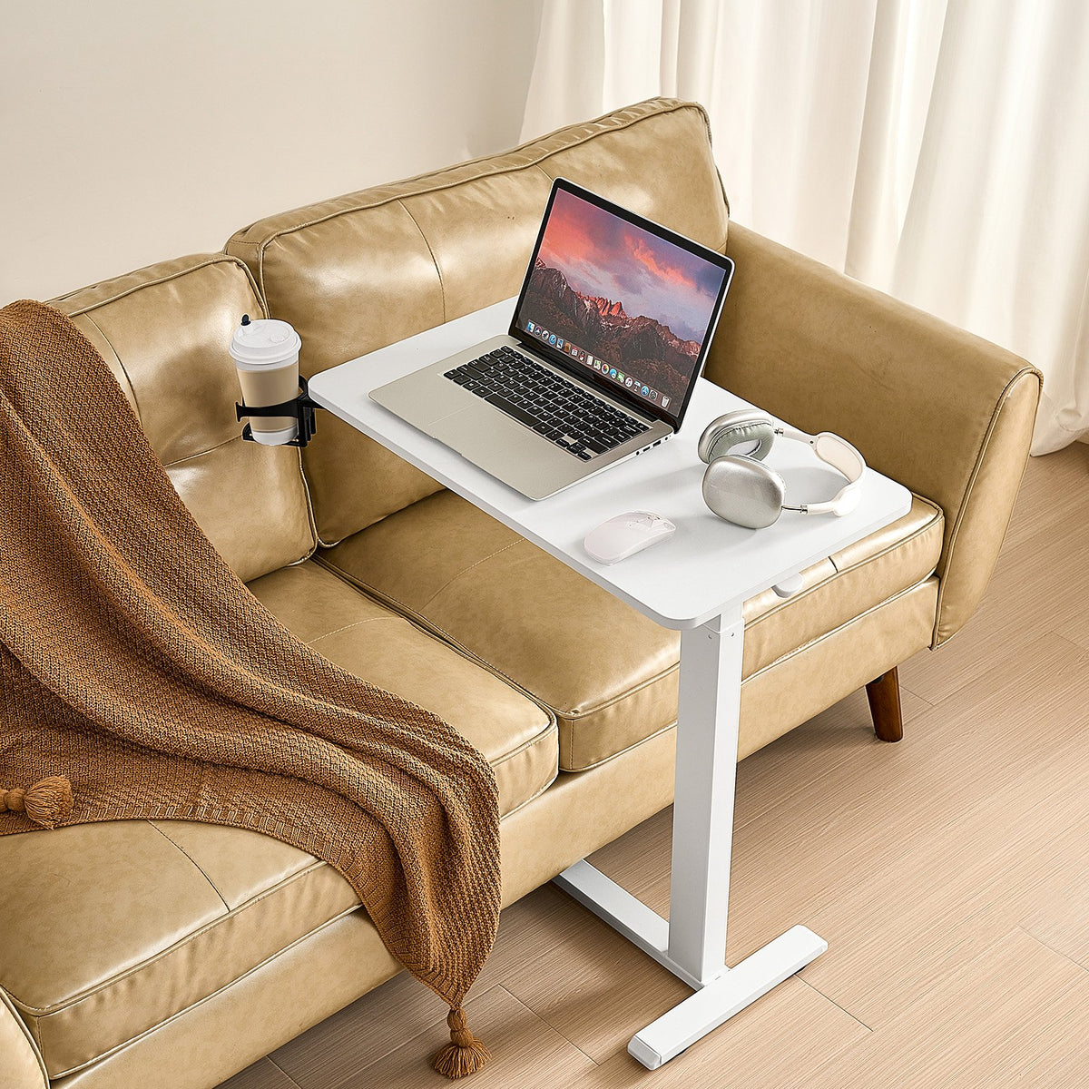 VEVOR Overbed Table, Mobile Bed Side Table with 4 Hidden Wheels, Height Adjustable Rolling Laptop Desk with Cup Holder, Portable Particleboard Over Bed Desk for Home, Office, Study, White - CSZGXDZZCSPBL8D3V001V0 - view 9