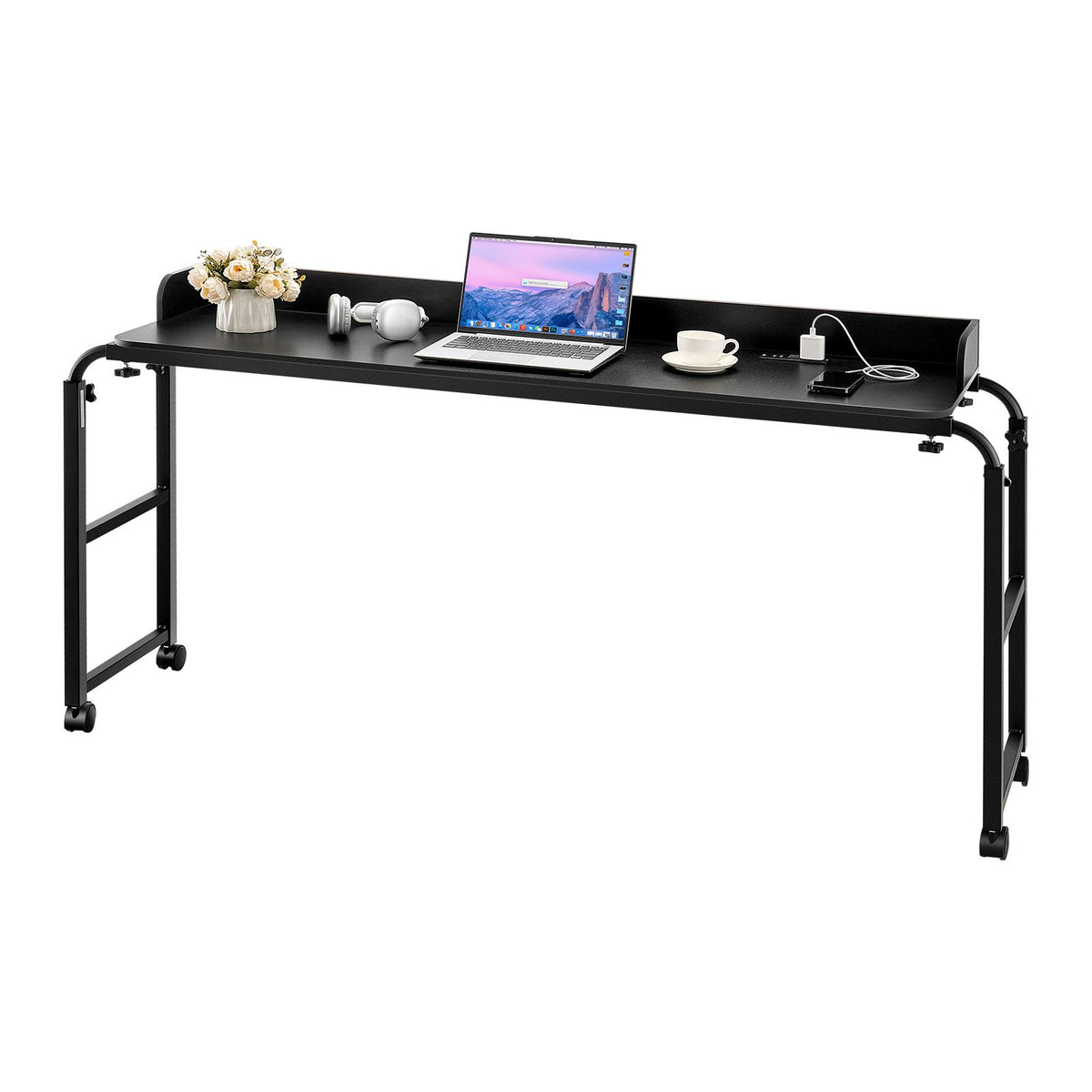 VEVOR Overbed Table, Mobile Bed Side Table with 4 Wheels (2 with Brakes) and Power Socket, Height Adjustable Rolling Laptop Desk, Portable Particleboard Over Bed Desk for Home, Office, Study, Black - CSZHKSPBWXLS5MFG8001V1 - view 1